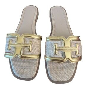 NWB Wild Diva Women's Luxe Fabric H Strap Sandals 7.5 Gold/Beige Slip On ABIA-01